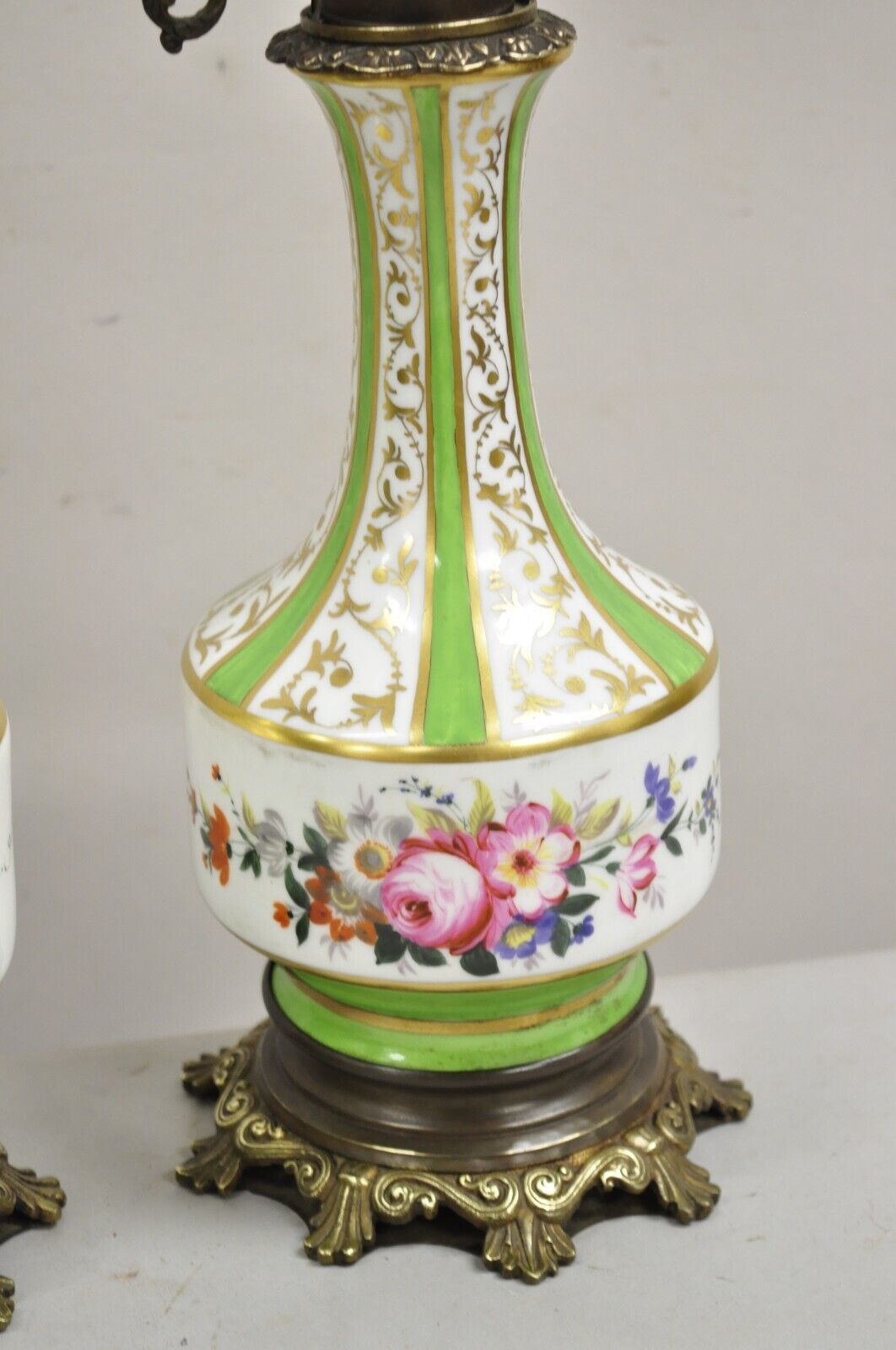 Antique French Victorian Paris Porcelain Green Floral Rose Table Lamps - a Pair