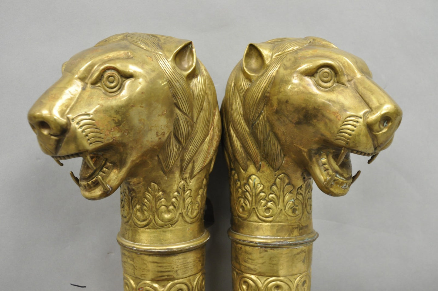Vintage Italian Regency Neoclassical Large Brass Lion Sconce Door Handles Pair