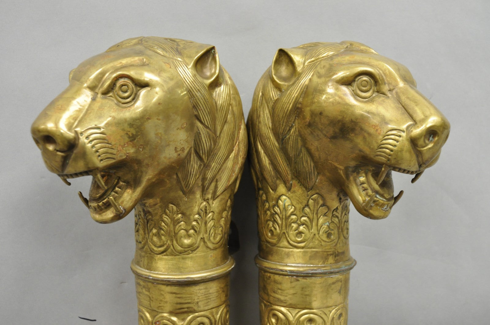 Vintage Italian Regency Neoclassical Large Brass Lion Sconce Door Handles Pair