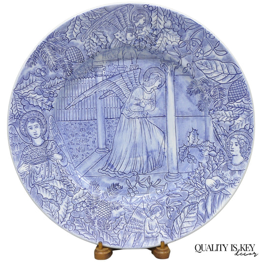 Vintage Ancora Italy Blue & White Porcelain Charger Plate w/ Angels and Foliage