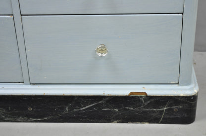 Antique Art Deco Medical Dental Cabinet Blue Painted w/Mirror and 22 Drawers