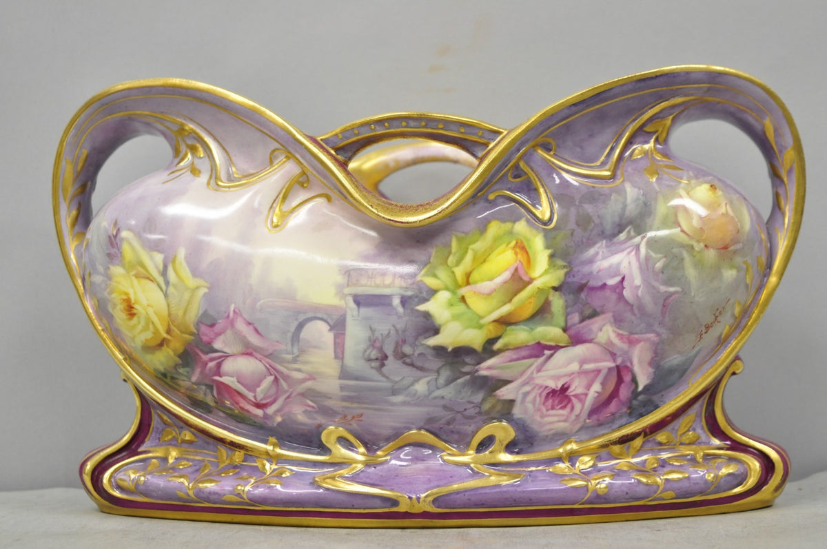 Antique Franz Anton Mehlem Royal Bonn Germany Art Nouveau Purple Jardinière Vase