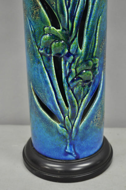 Vintage MCM Tall Royal Haeger Attr Blue Glazed Ceramic Pottery Floral Table Lamp