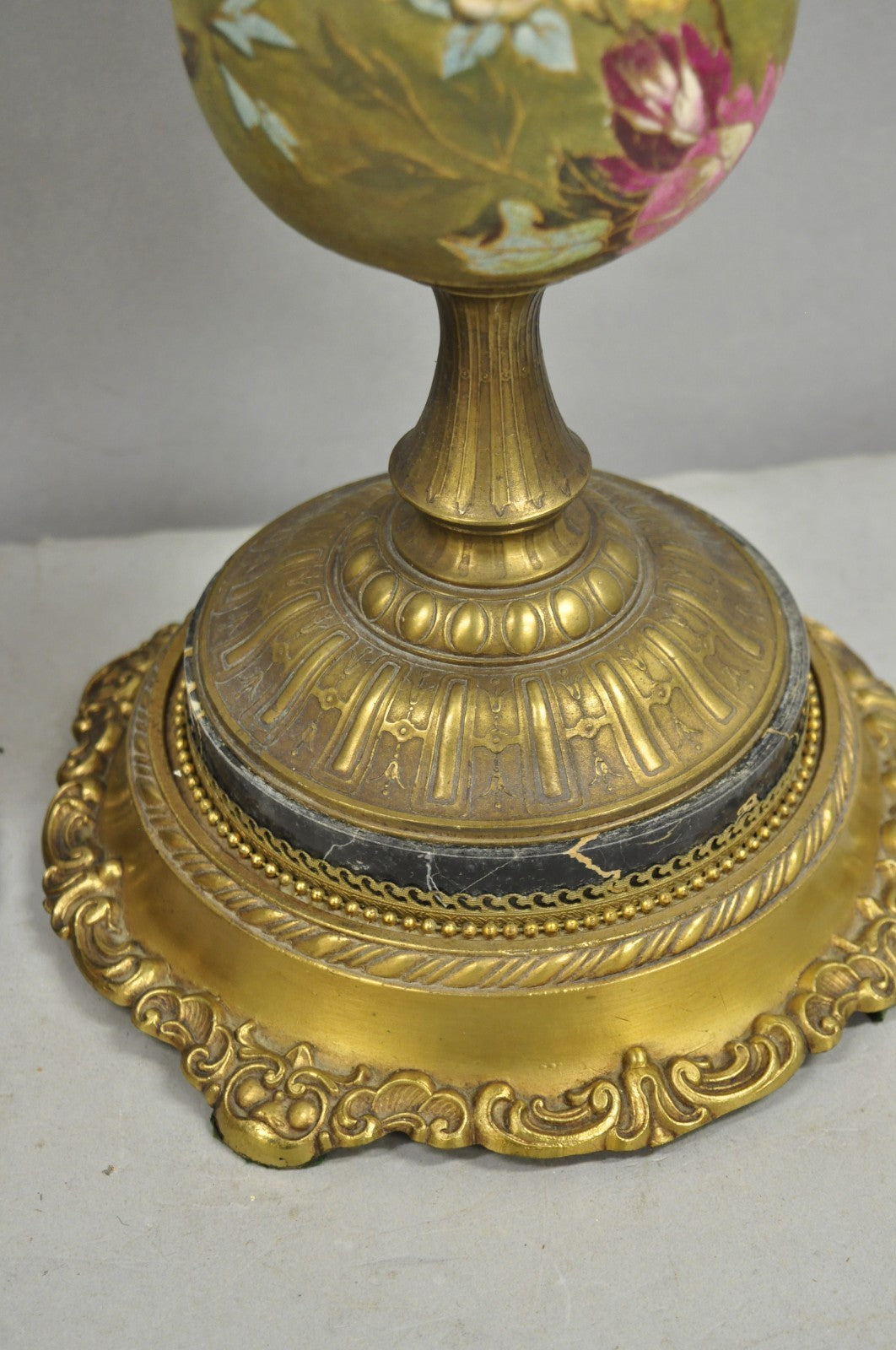 Antique Victorian Brass and Porcelain Urn Hand Painted Flower Table Lamps a Pair