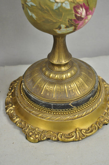 Antique Victorian Brass and Porcelain Urn Hand Painted Flower Table Lamps a Pair