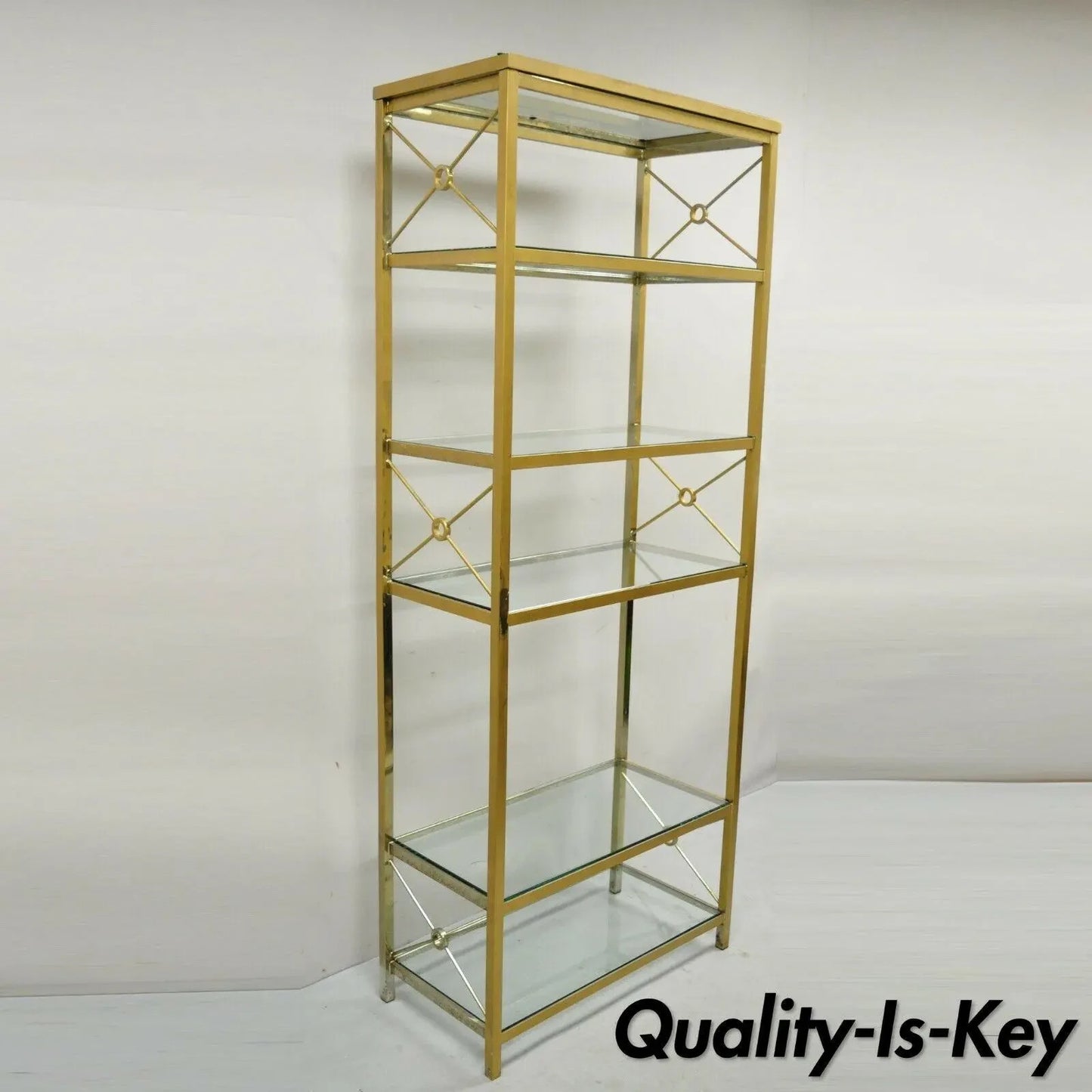 Vintage Hollywood Regency Modern Brass Plated Metal Gold X-Form Etagere Bookcase