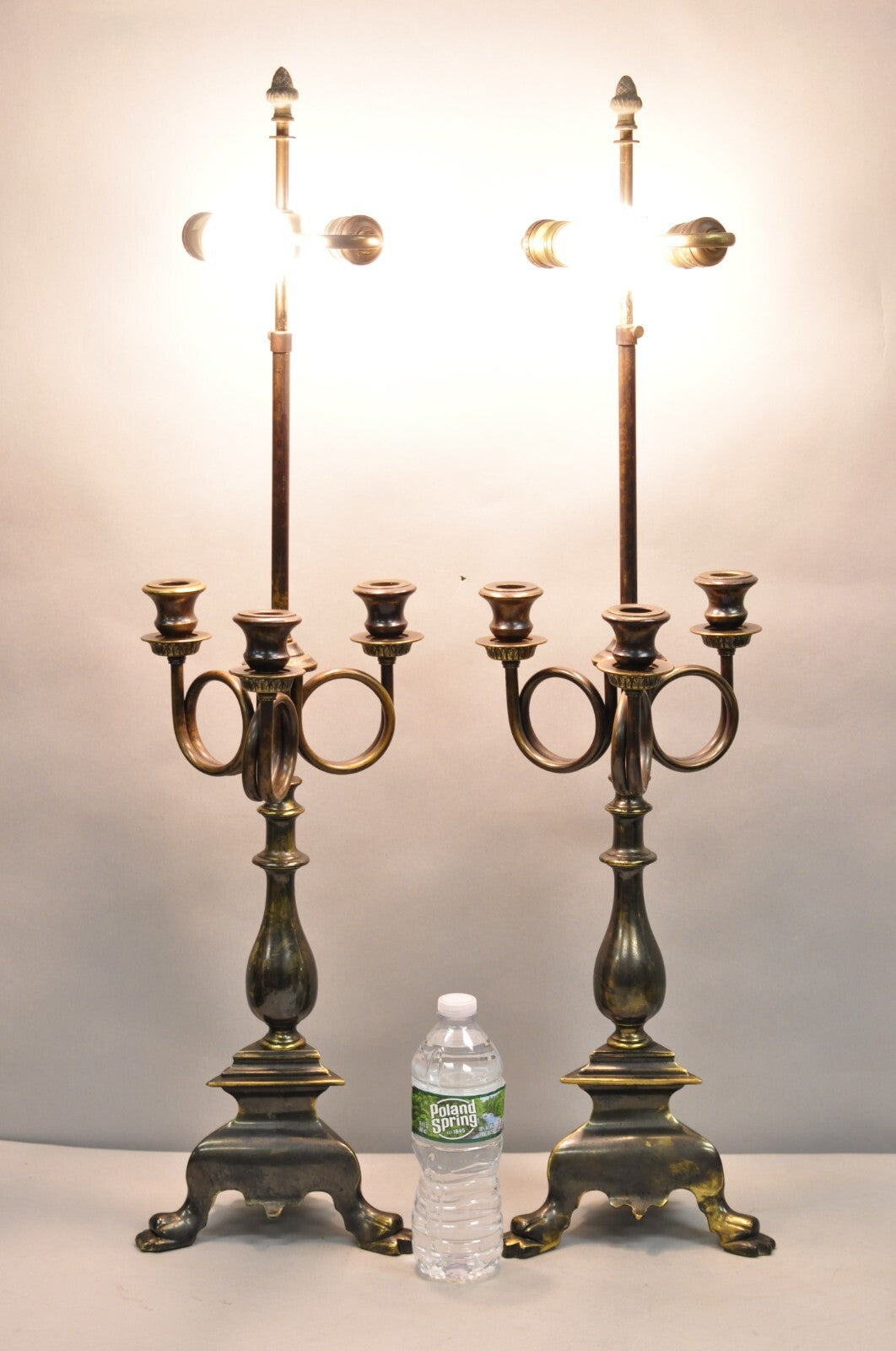 Frederick Cooper French Empire Brass Patina Trumpet Candelabra Table Lamp Pair