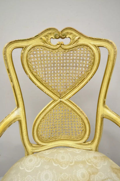 Vintage Italian Provincial French Louis XV Yellow Cane Dining Arm Chairs - Pair