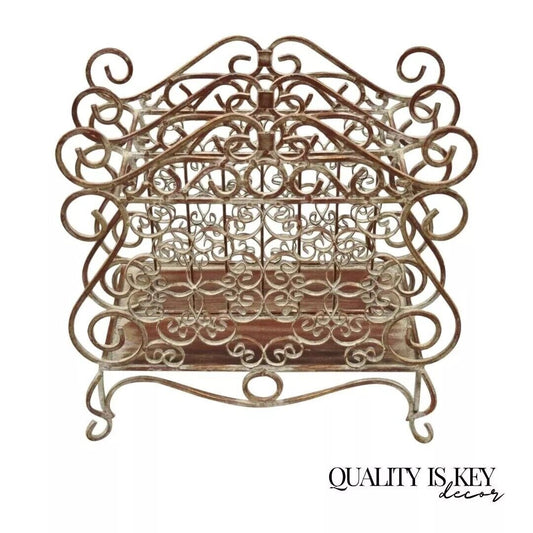 French Country Style Wrought Iron Red Lattice and Flower Bouquet Magazine Rack