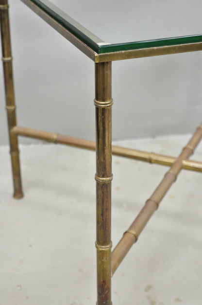 Vintage Hollywood Regency Brass Faux Bamboo Square Glass Top Low Side Table