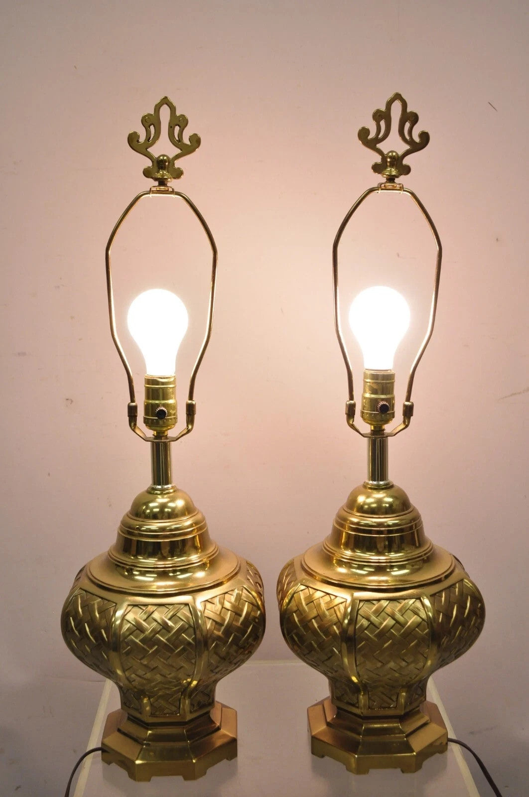 Vintage Hollywood Regency Brass Woven Basket Basketweave Table Lamps - a Pair