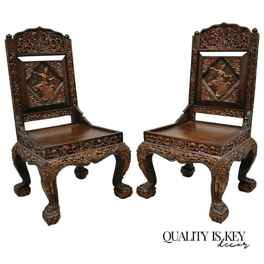 Vintage Chinoiserie Thai Oriental Carved Teak Wood Dining Side Chairs - a Pair
