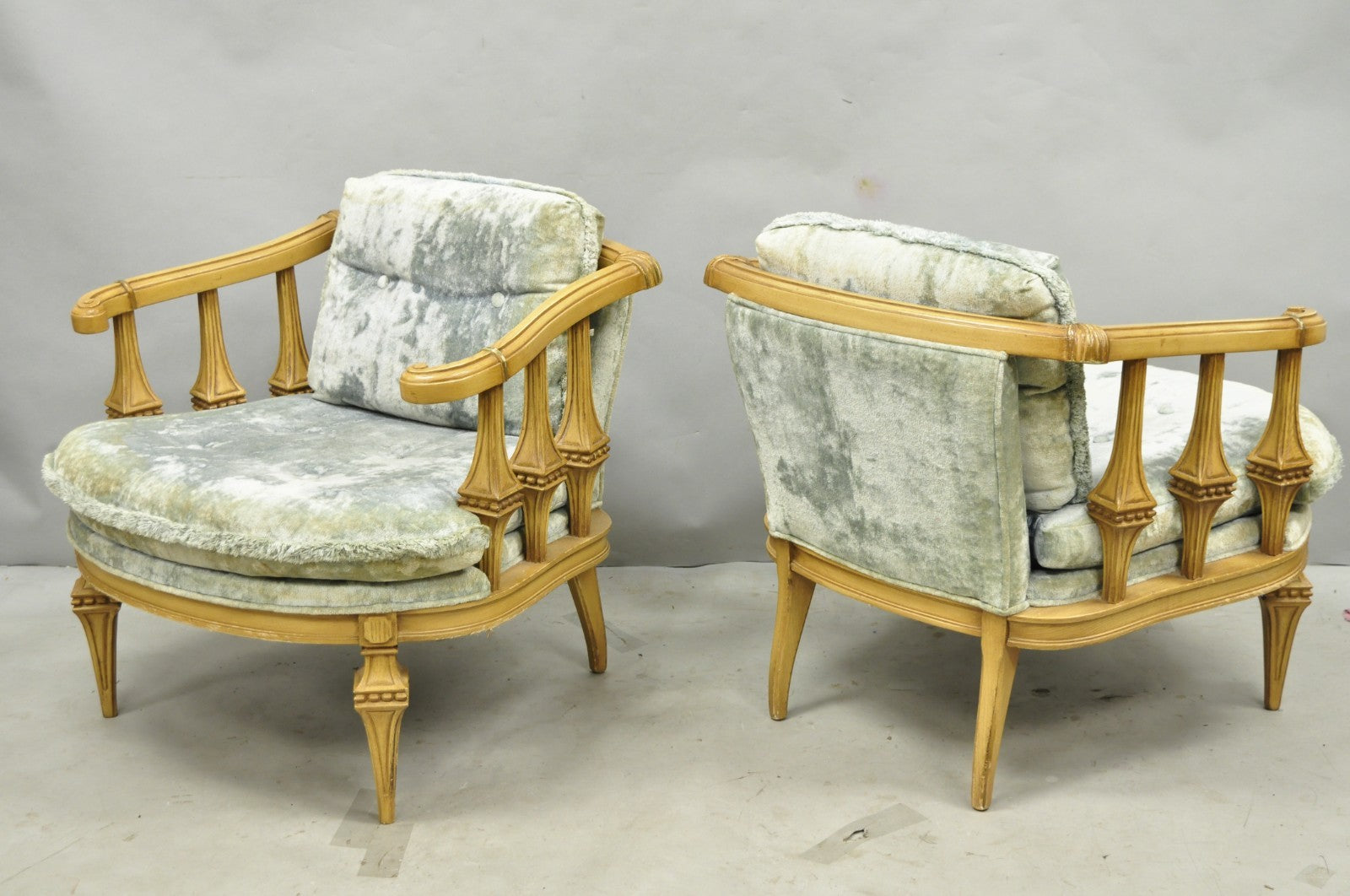 Vintage Hollywood Regency Low Barrel Back Cream Painted Club Lounge Chairs, Pair