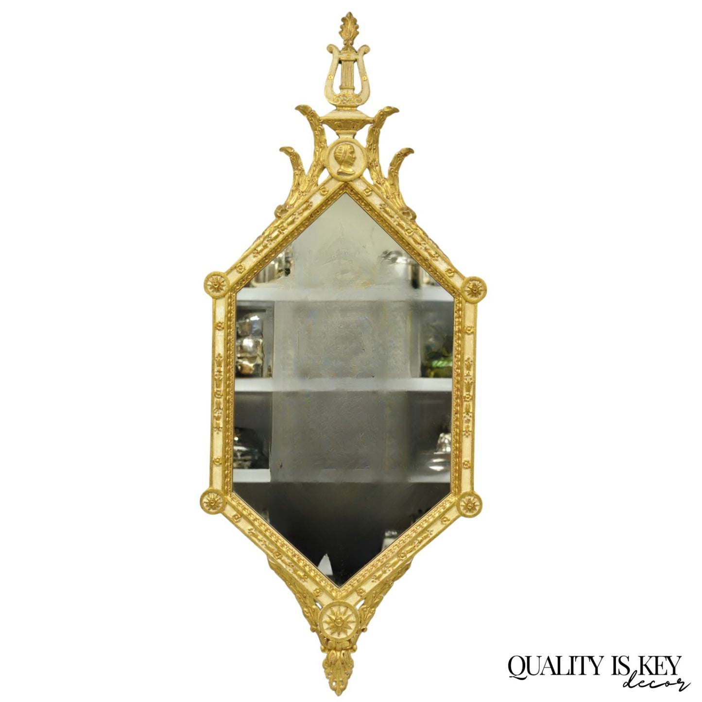 Vintage Italian Neoclassical Style Cream & Gold Gilt Carved Wood Wall Mirror