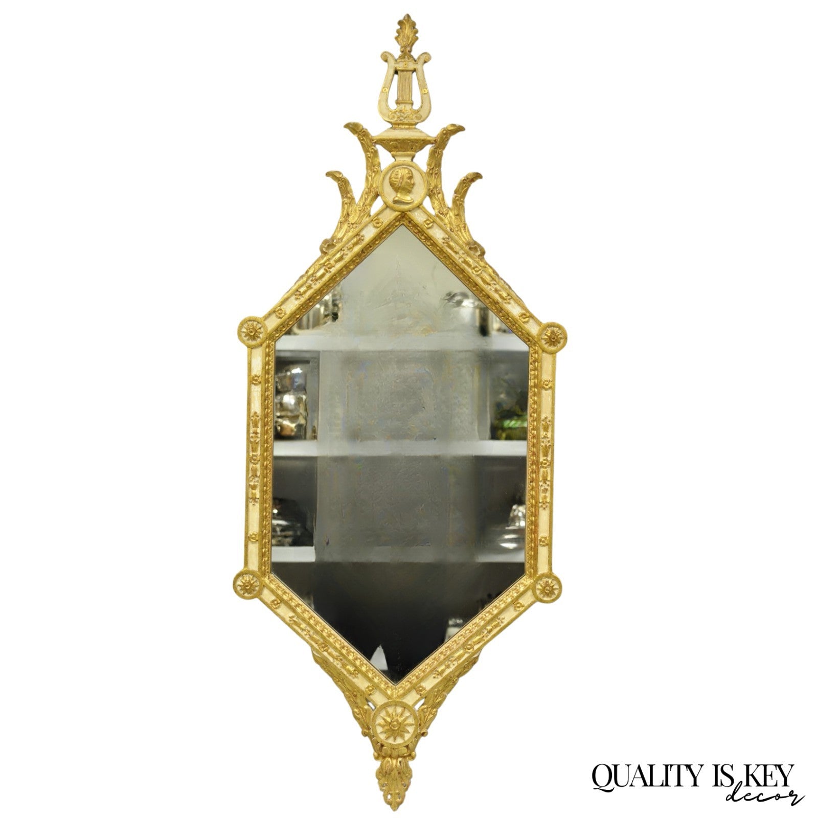 Vintage Italian Neoclassical Style Cream & Gold Gilt Carved Wood Wall Mirror