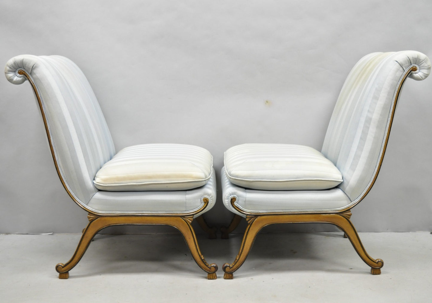 French Hollywood Regency Carved Walnut Rolled Back Slipper Lounge Chair - a Pair