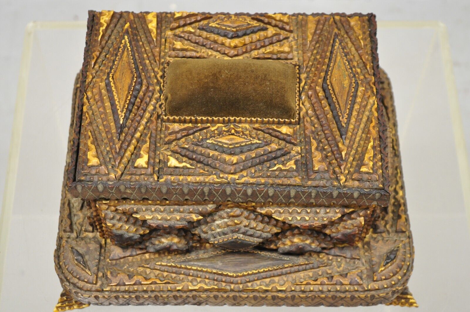 Antique Tramp Art Diamond 2 Tier Hinged Wood Jewelry Presentation Box