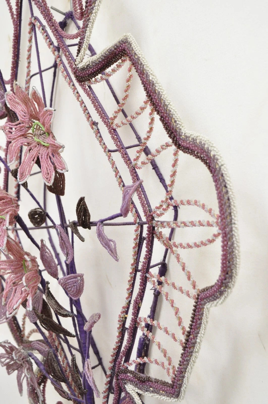 French Victorian Glass Beaded Purple Flower Casket Wreath Wall Art Sculpture (B)