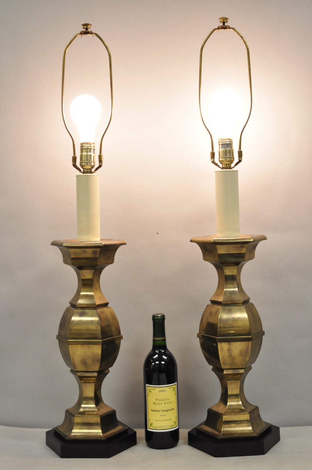 Vintage Hollywood Regency Burnished Brass Candlestick Table Lamps - a Pair