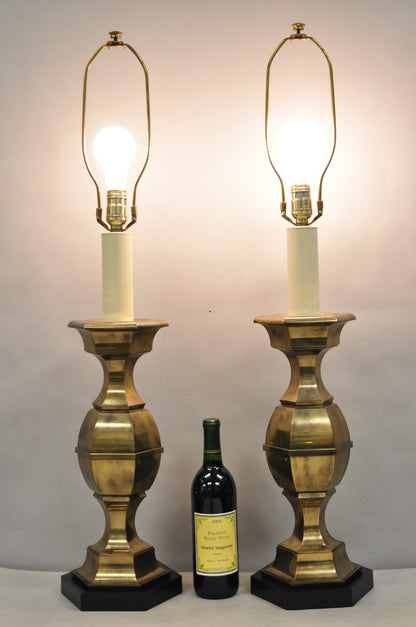 Vintage Hollywood Regency Burnished Brass Candlestick Table Lamps - a Pair