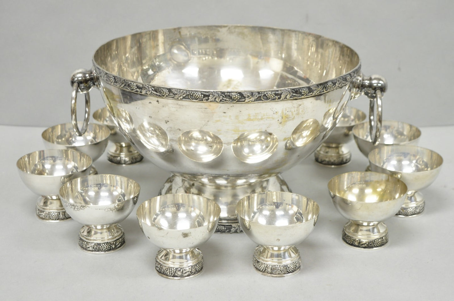 Vintage Victorian Silver Plated Footed Twin Handle Punch Bowl Set w/ 12 Cups