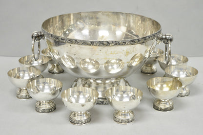 Vintage Victorian Silver Plated Footed Twin Handle Punch Bowl Set w/ 12 Cups