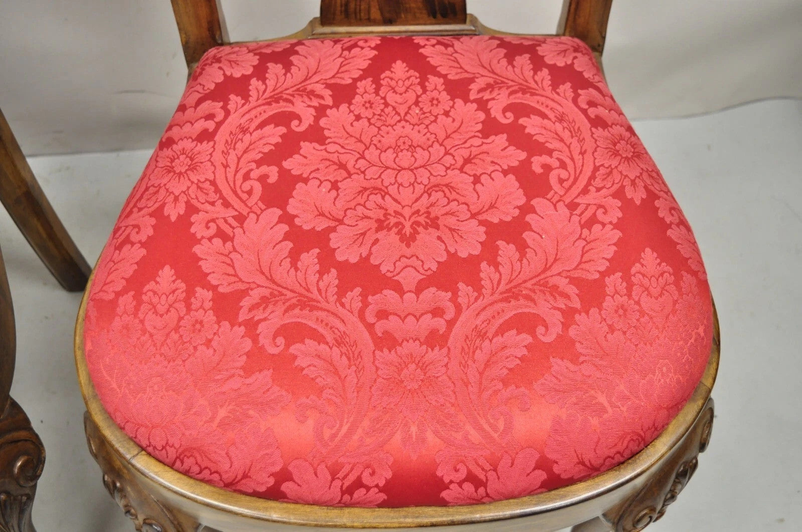Vintage English Queen Anne Shell Carved Solid Wood Dining Side Chairs - Set of 8