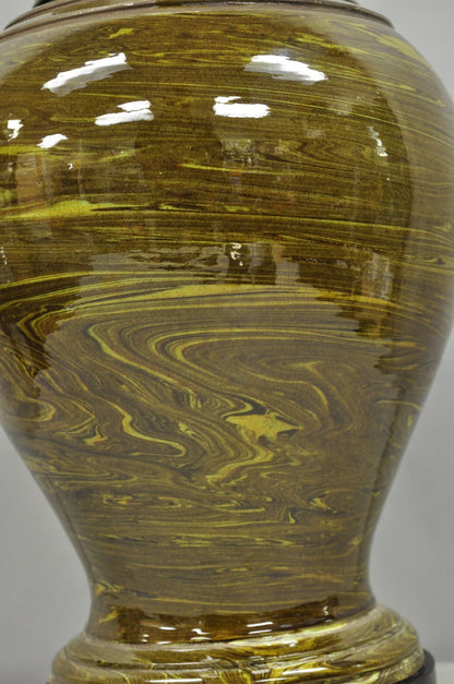 Vintage Mid Century Modern Green Swirl Glazed Ceramic Jardiniere Table Lamp