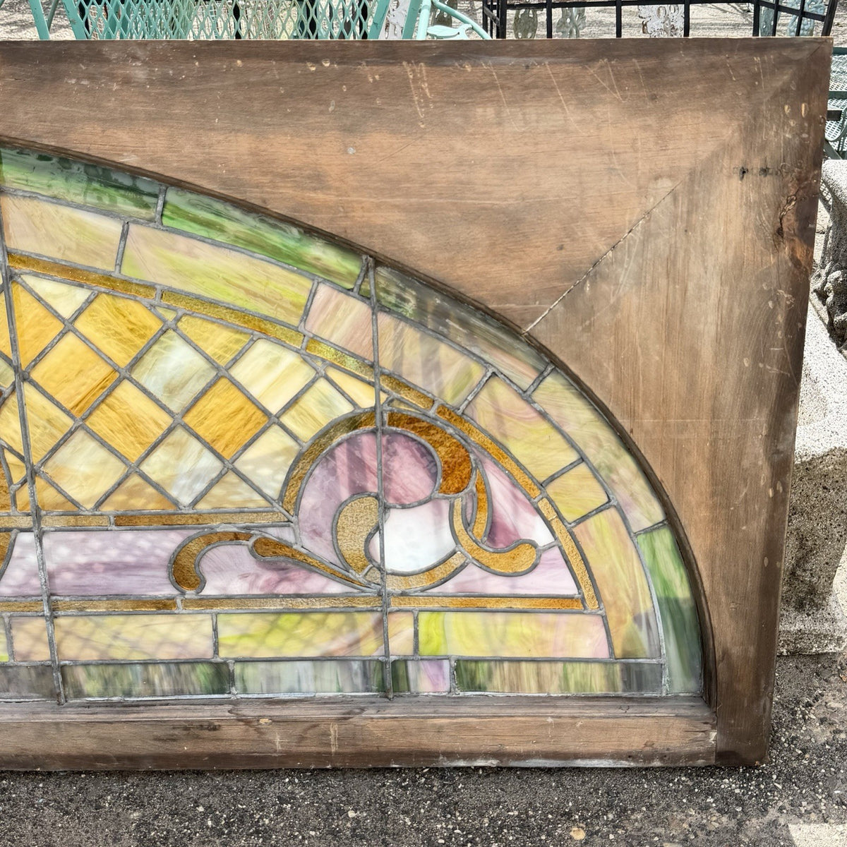 Antique Art Nouveau Colored Stained Glass Fruit 27 x 75 Arched Transom Window, A
