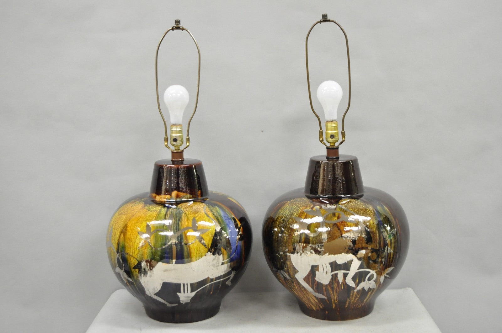 Mid Century Modern Ram Brown Drip Glaze Pottery Table Lamps by Sunset Cosco Pair