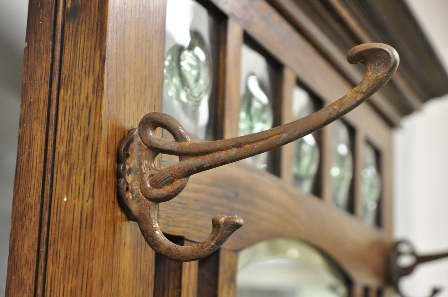 Antique English Art Nouveau Oak & Green Tile Coat Rack Umbrella Stand Hall Tree