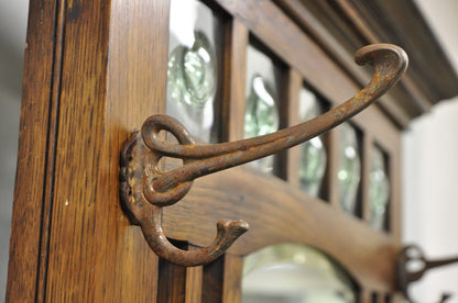 Antique English Art Nouveau Oak & Green Tile Coat Rack Umbrella Stand Hall Tree