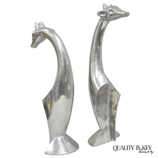 Vintage Mid Century Modern Cast Aluminum Silver Giraffe Sculptures - a Pair
