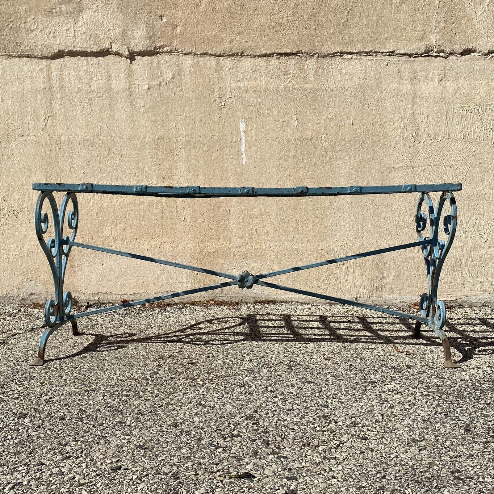Antique French Art Nouveau Scrolling Wrought Iron Metal Strap Garden Patio Bench