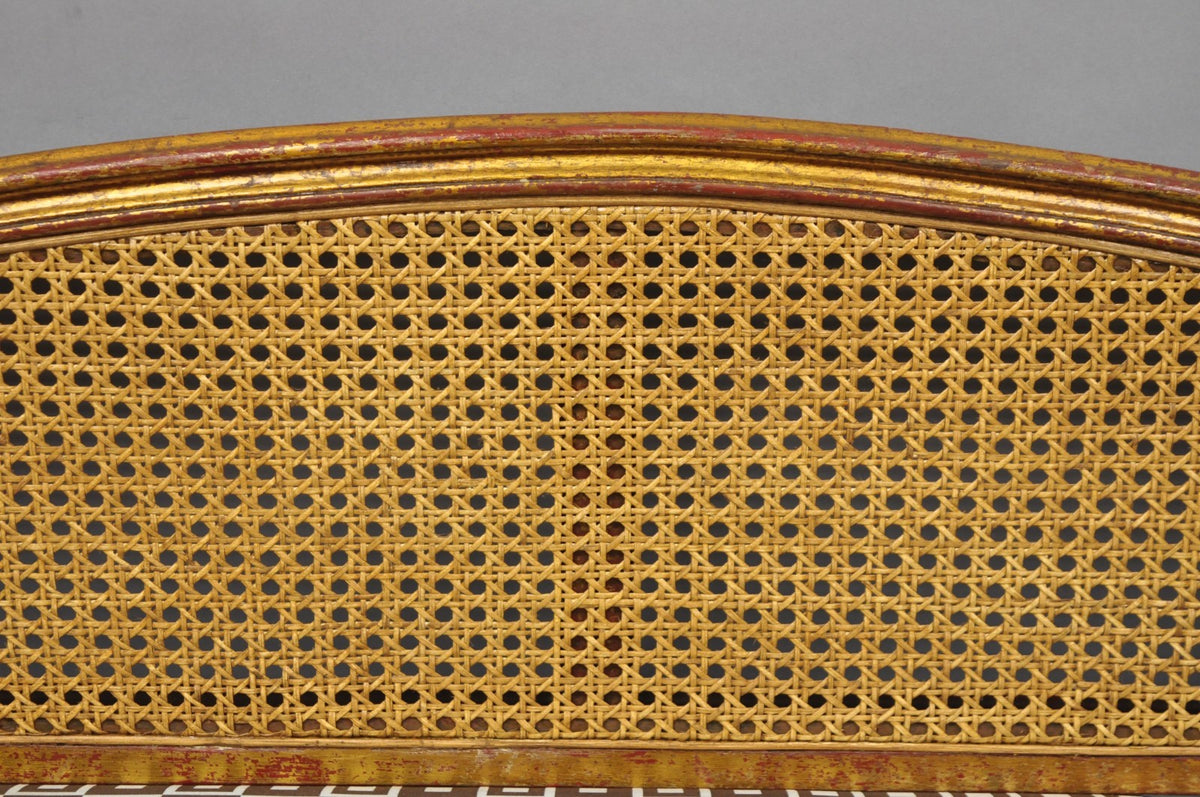 Vintage French Louis XV Style Distressed Gold Gilt Cane Back Vanity Bench Seat