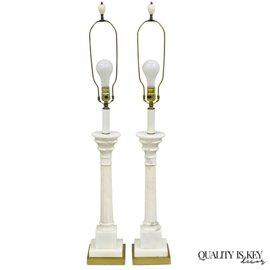 Vintage Italian Neoclassical White Carved Marble Empire Column Table Lamp Pair