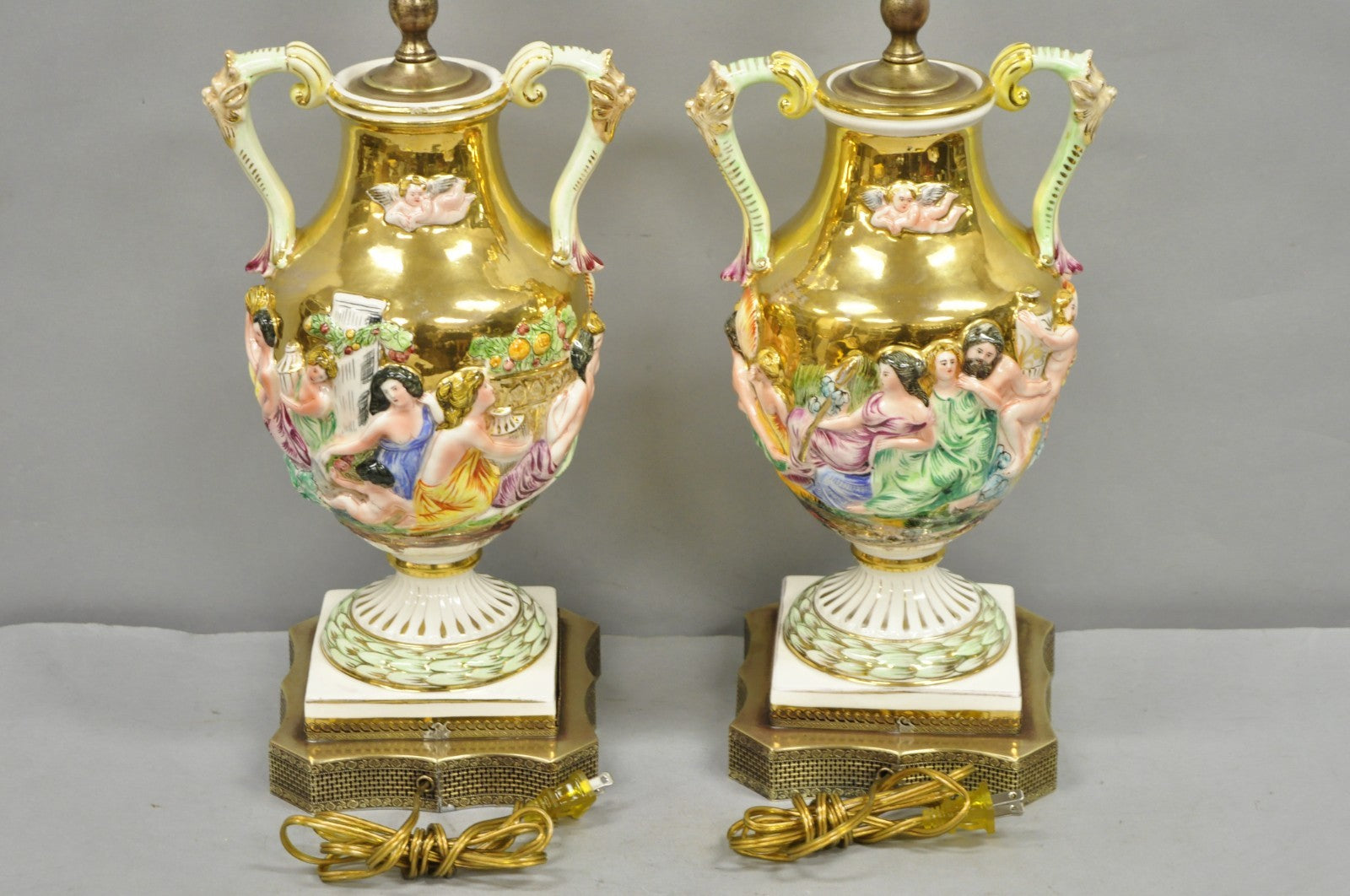 Antique Capodimonte Figural Porcelain Twin Handle Urn Gold Vase Table Lamps Pair