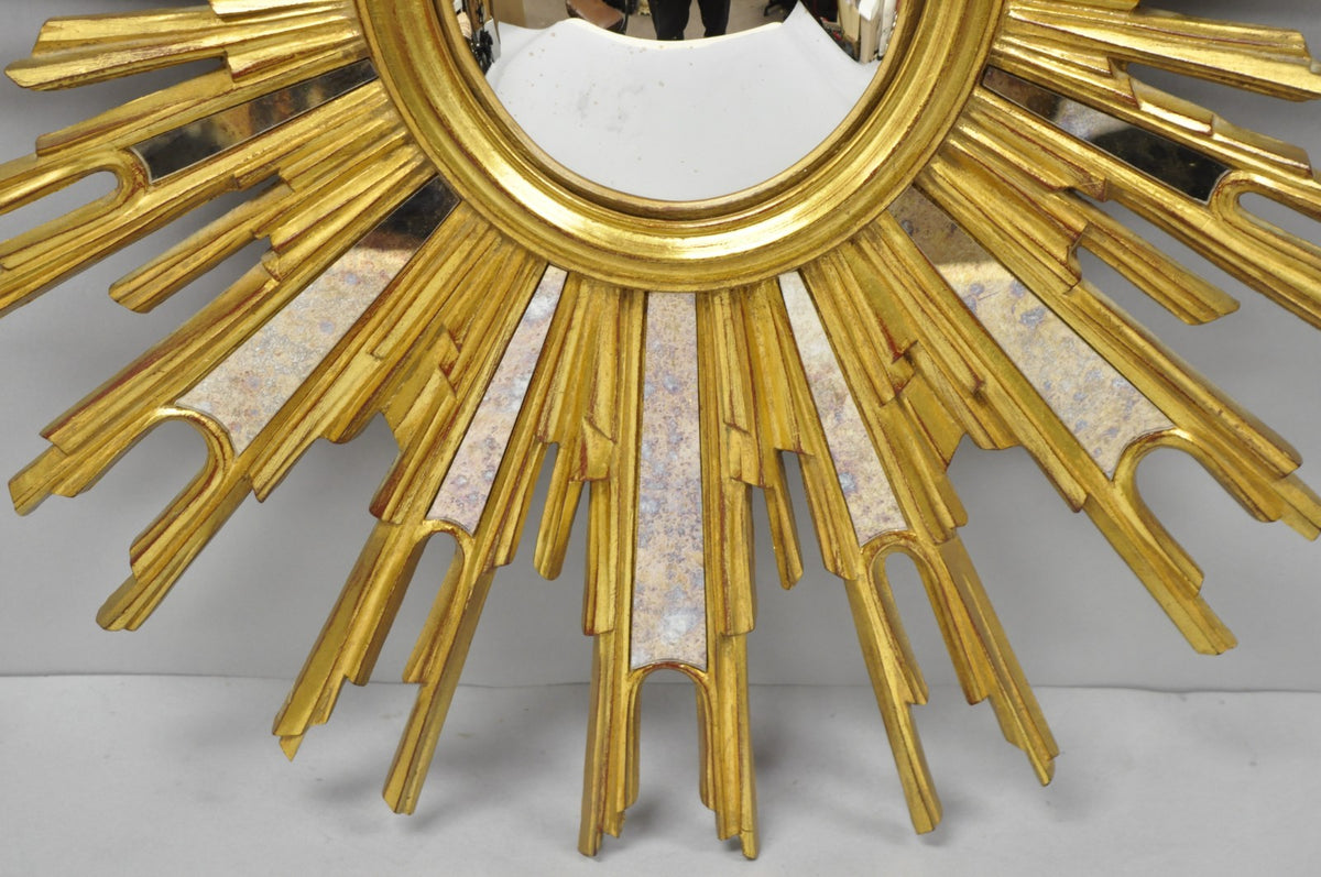 Vintage Italian Hollywood Regency Gold Gilt Sunburst Convex Bullseye Wall Mirror