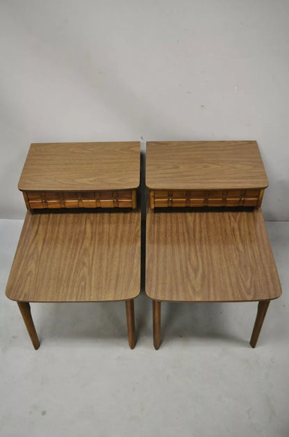 Mersman Mid Century Modern Walnut and Laminate Step Up Side End Tables - a Pair