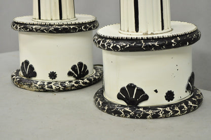 Vintage Hollywood Regency Lotus Leaf Black & White Metal Column Table Lamps Pair