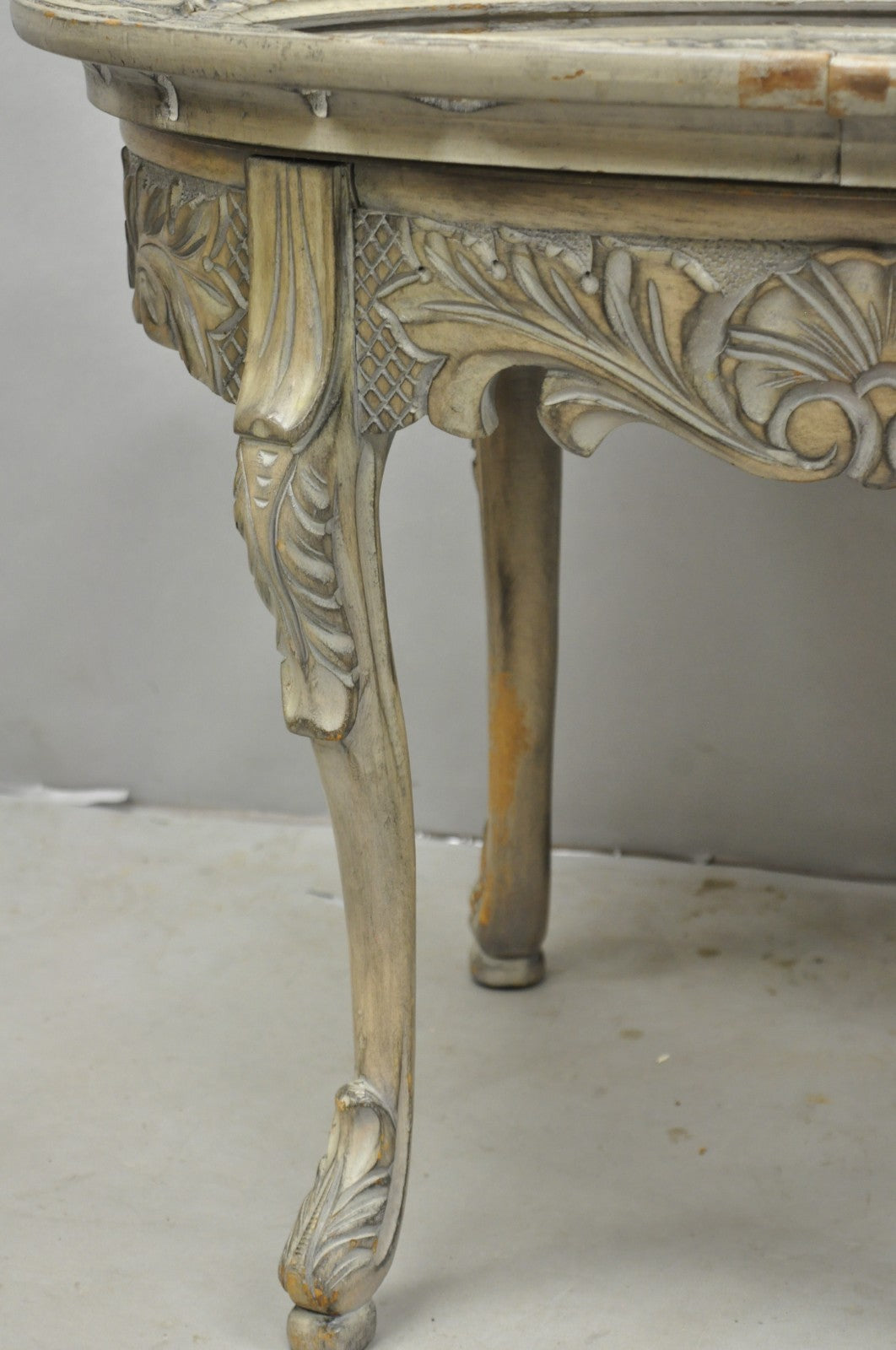 Vintage French Renaissance Walnut Gray Distress Painted Cherub Coffee Table