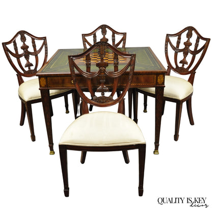 Maitland Smith Marquetry Inlay Leather Mahogany Game Table & 4 Shield Back Chair