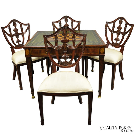 Maitland Smith Marquetry Inlay Leather Mahogany Game Table & 4 Shield Back Chair