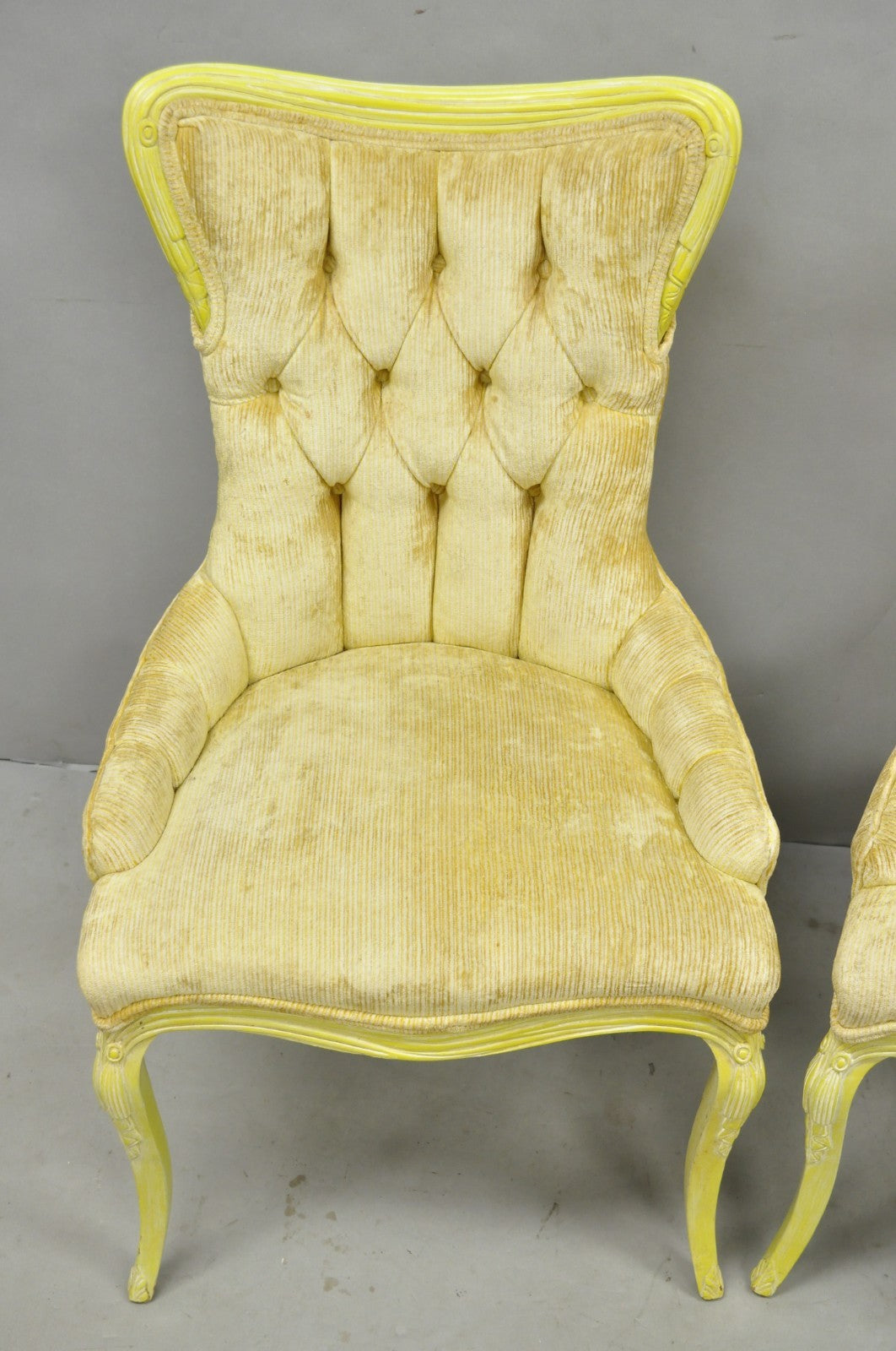 Vintage French Hollywood Regency Yellow Tufted Drape Carved Side Chairs - a Pair