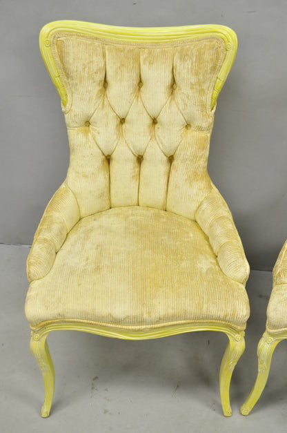 Vintage French Hollywood Regency Yellow Tufted Drape Carved Side Chairs - a Pair