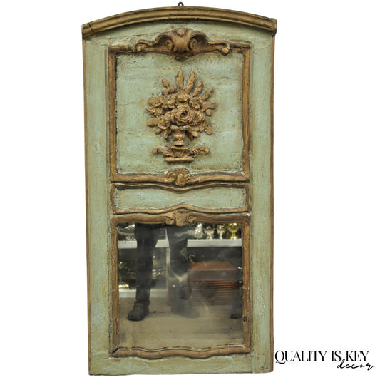 18th C French Louis XV Baroque Style Green Distress Painted Trumeau Wall Mirror