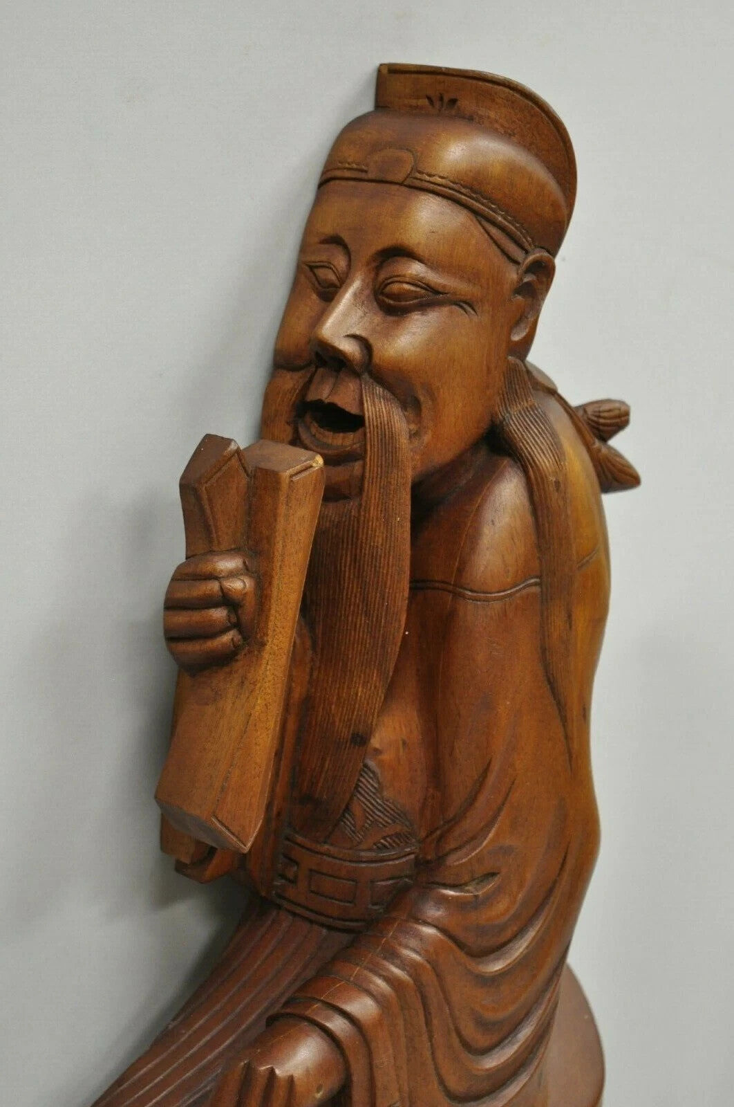 Vintage Ricardo Lynn Carved Teak Wood Oriental Figures Flute Player Wiseman Pair