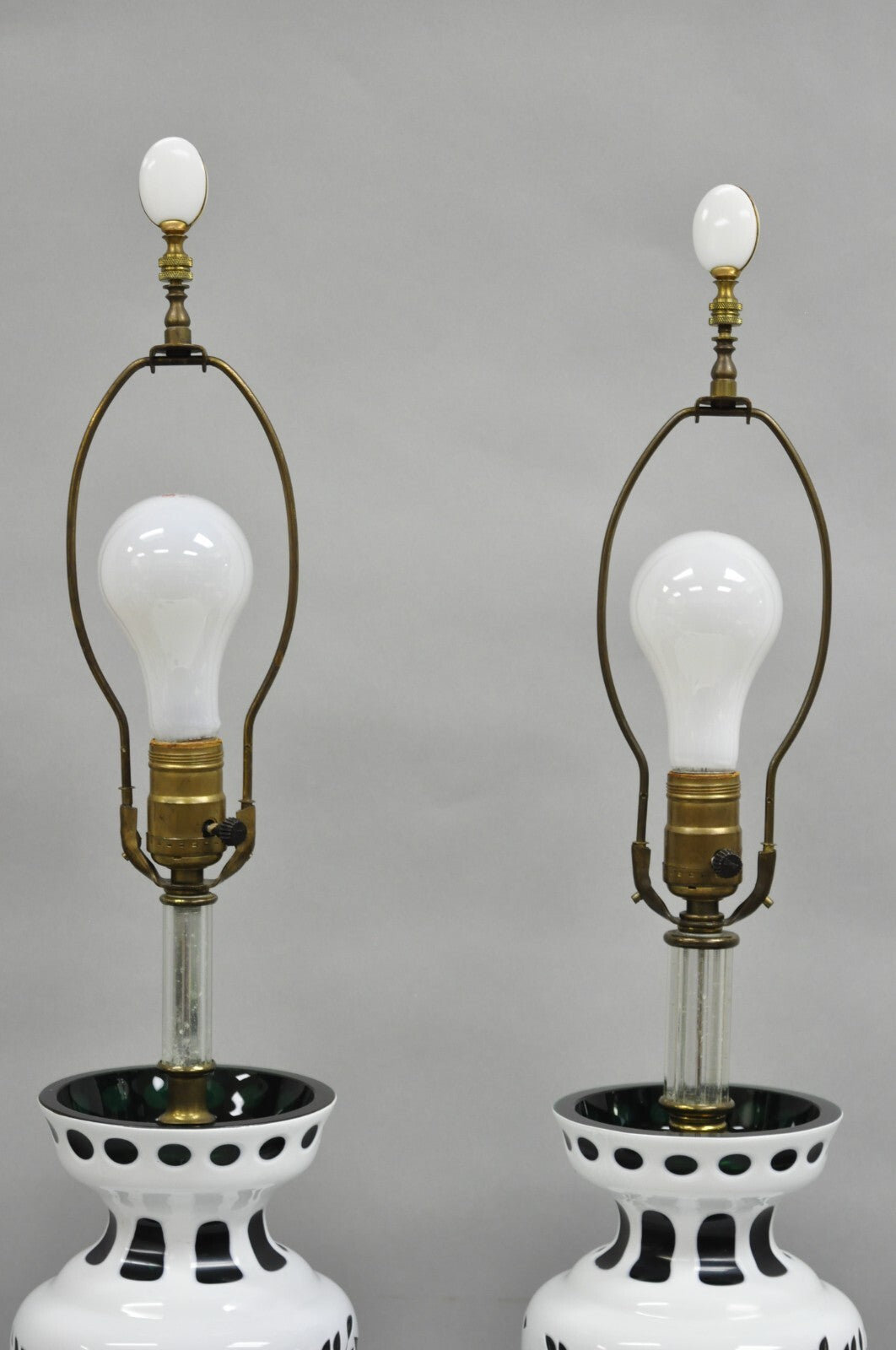 Antique Bohemian Green & White Fruit Harvest Czechoslovakian Table Lamps - Pair