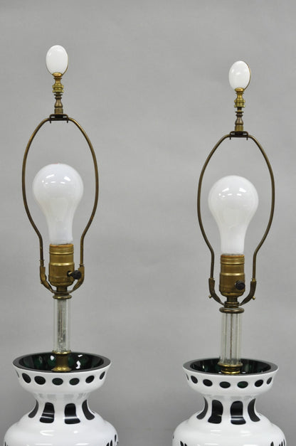 Antique Bohemian Green & White Fruit Harvest Czechoslovakian Table Lamps - Pair