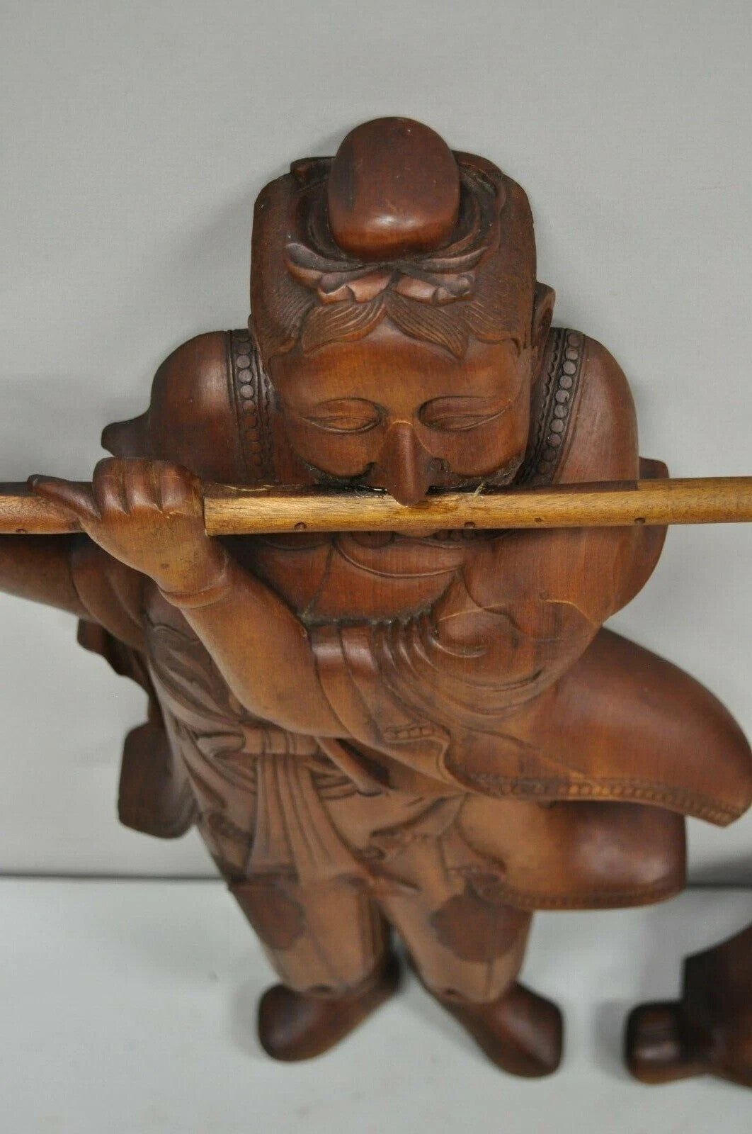 Vintage Ricardo Lynn Carved Teak Wood Oriental Figures Flute Player Wiseman Pair